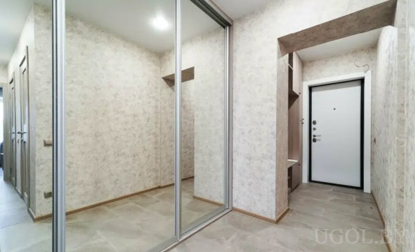 Светлый интерьер с встроенным шкафом, белой дверью и нишей с полками.