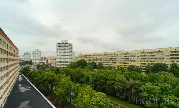 Городской пейзаж с жилыми домами, дорогой и густыми деревьями на фоне пасмурного неба.