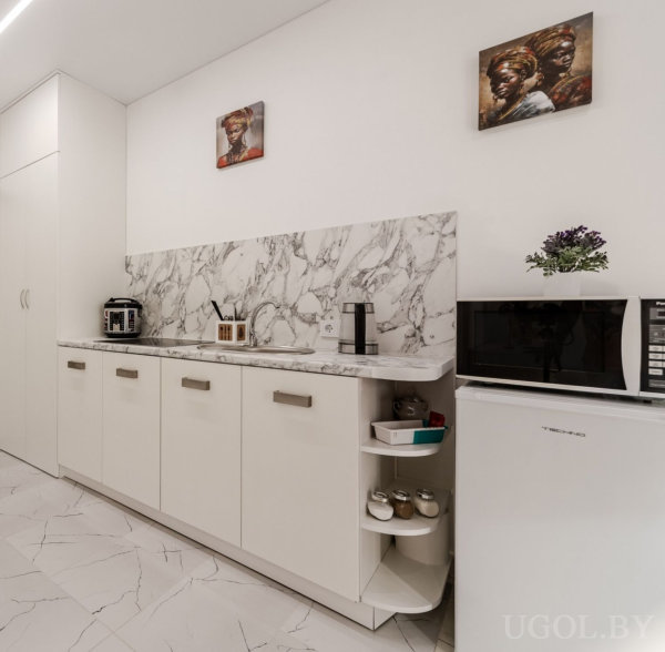 Белые шкафы с современными ручками, мраморная столешница и фартук, техника на столе и встроенная духовка, холодильник с микроволновкой сверху, на стене картины с портретами.