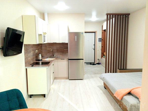 Кухня с белыми фасадами, кровать с серым покрывалом, зелёное кресло, телевизор на стене и деревянная перегородка.