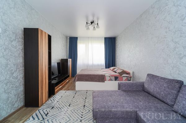 Уютная студия с фиолетовым диваном, кроватью с геометричным покрывалом, телевизором и светлым ковром на деревянном полу.