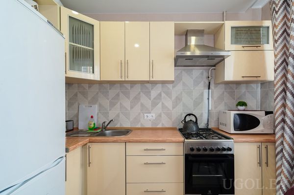 Функциональная кухня с холодильником, плитой, микроволновкой и растением на фоне серого фартука.