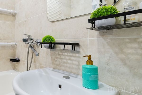 Зона у раковины с полками, зелёными растениями, зеркалом и бирюзовым дозатором с золотым насосом.