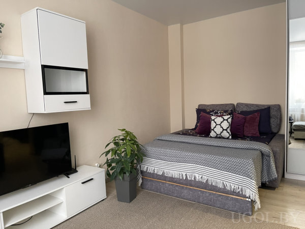 Небольшая спальня с серой кроватью, белой ТВ-тумбой, растением и навесным шкафом; зеркало на шкафу расширяет пространство.