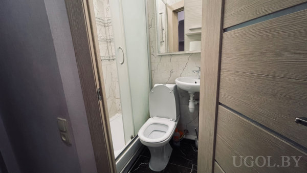 Компактная ванная с душевой кабиной, унитазом и раковиной, мраморные стены, тёмный пол и зеркало.