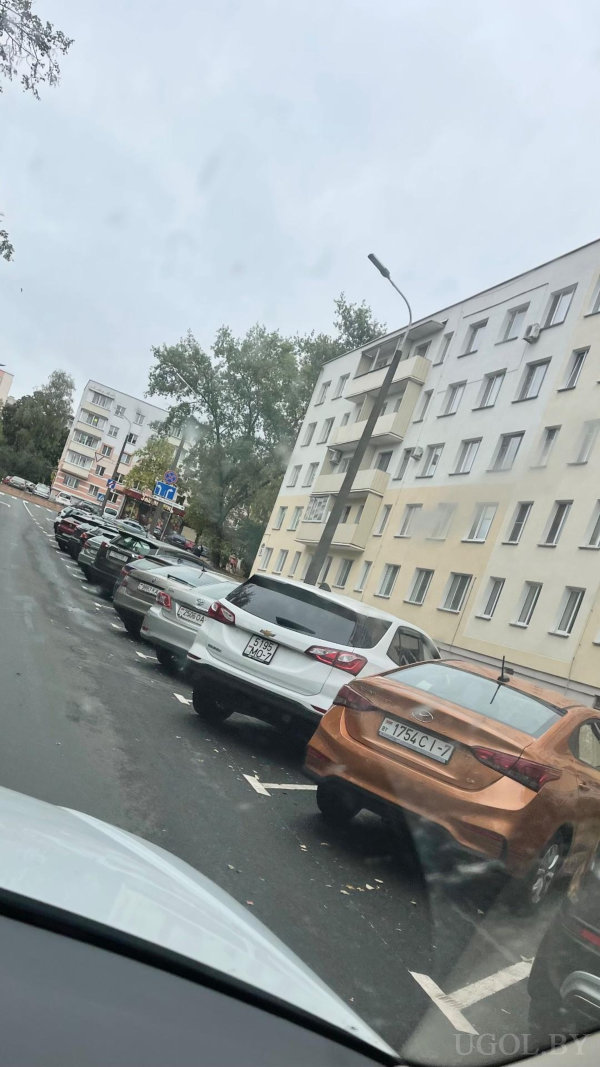 Мокрая улица с припаркованными машинами, дома с светлым фасадом, пешеходный переход и знак на фоне пасмурного неба.