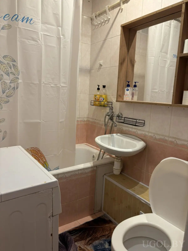 Унитаз, раковина, ванна с занавеской «dream», зеркало, полка с мылом, коврик с перьями.