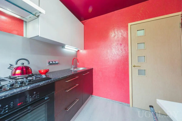 Ярко-красный потолок и стены, темная мебель, встроенная техника и светлая дверь с матовыми вставками.