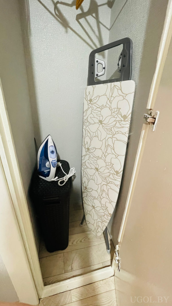 Гладильная доска с цветочным чехлом, утюг на корзине, плечики на штанге, деревянный пол.