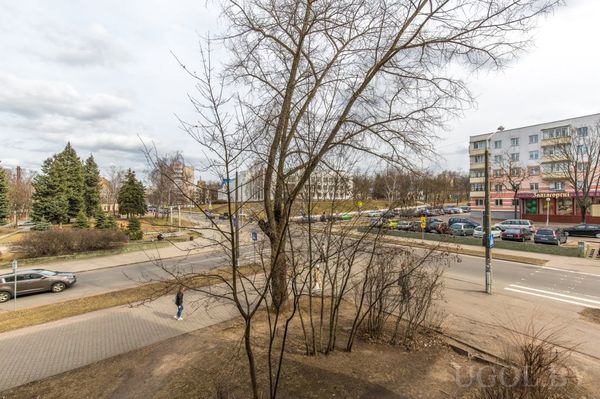 Пешеход на тротуаре, машины, голые деревья и дома с фасадом розово-белого цвета. На фоне — парк с елями и пасмурное небо, создающее спокойную атмосферу.