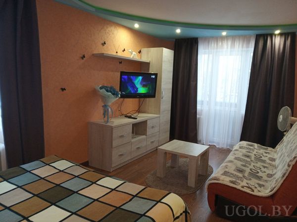 Комната с кроватью в клетчатом покрывале, телевизором на тумбе, полкой с декором, журнальным столиком и диваном у окна.