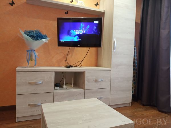 Интерьерный уголок с телевизором на светлой тумбе, синим букетом в упаковке, оранжевой стеной с бабочками и деревянным полом.