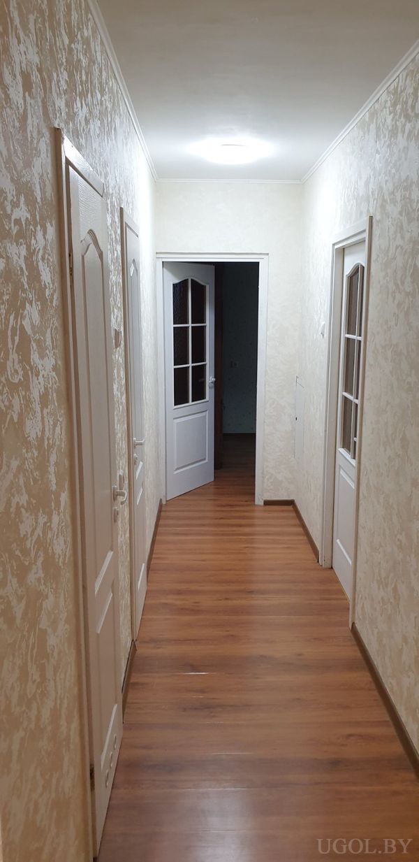 Светлый коридор с четырьмя белыми дверями, деревянным полом и открытой дверью с остеклением в конце.