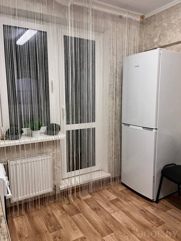 Окно-дверь с нитяными шторами до пола, подоконник с растениями и декором, белый радиатор и светлый ламинат.