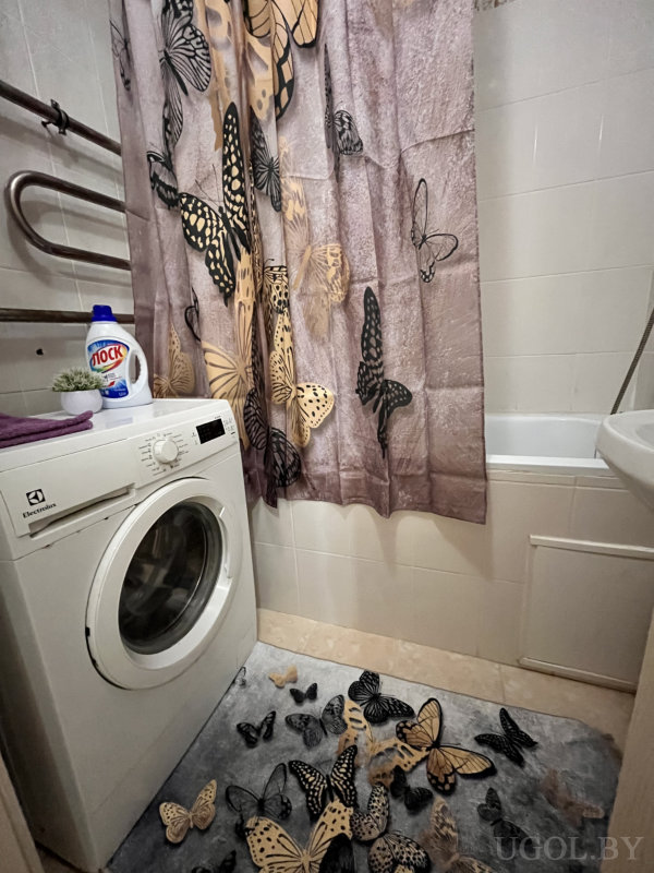 Компактный интерьер с занавеской и ковриком в бабочках, стиральной машиной и средством «ЛОСК».