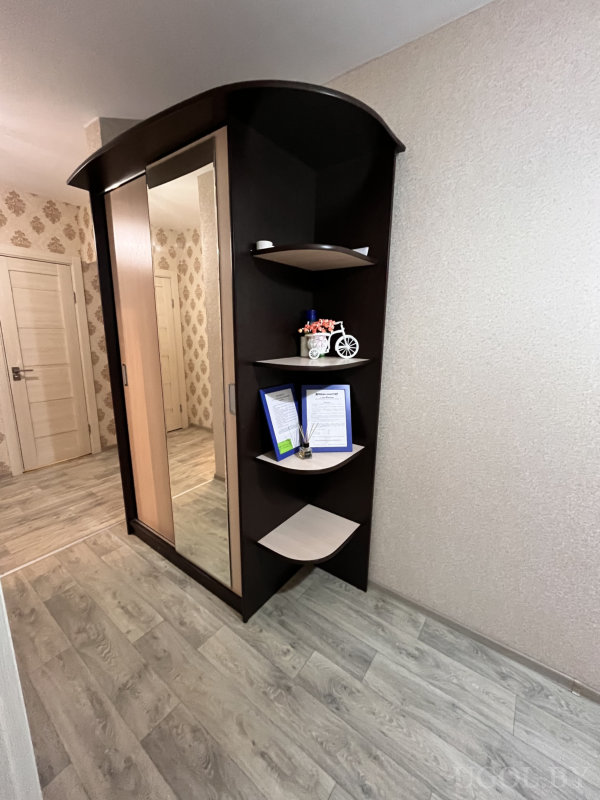 Угол комнаты с темным шкафом, цветами, флаконом и документами на открытых полках.