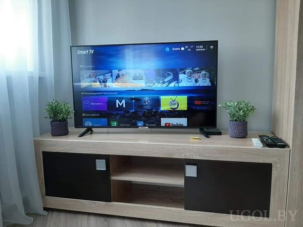 Современная гостиная с телевизором на тумбе, смарт‑интерфейсом на экране, двумя горшками с растениями и серой стеной.