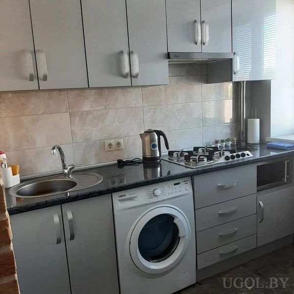 Современная кухня с плитой, вытяжкой, мойкой, встроенной стиральной машиной и микроволновкой.