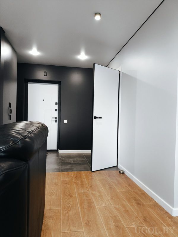 Современный интерьер с чёрным диваном, деревянным полом, белой дверью и коридором с плиткой.