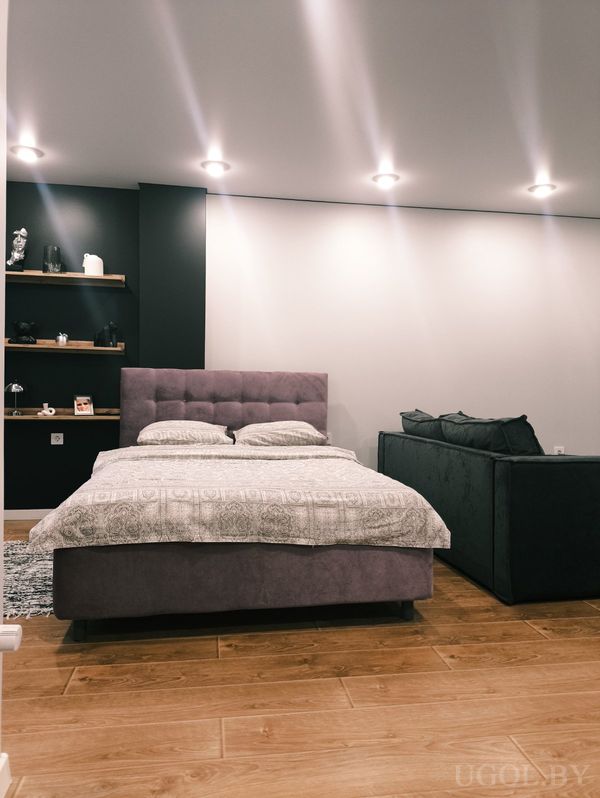 Минималистичная спальня с кроватью у двухцветной стены, фиолетовым изголовьем, тёмным диваном и полками с книгами и декором.