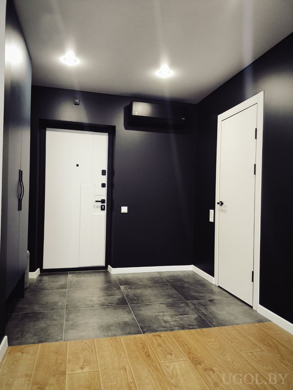 Современный коридор с белой дверью, тёмными стенами, плиткой и деревянным полом, кондиционером над входом.