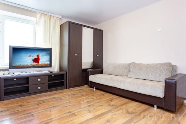 Гостиная с бежево‑коричневым диваном, телевизором на тумбе и шкафом с зеркальными дверцами.